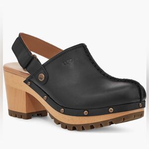 UGG Lanni black leather heeled platform clogs mules sling back shoes women’s 8